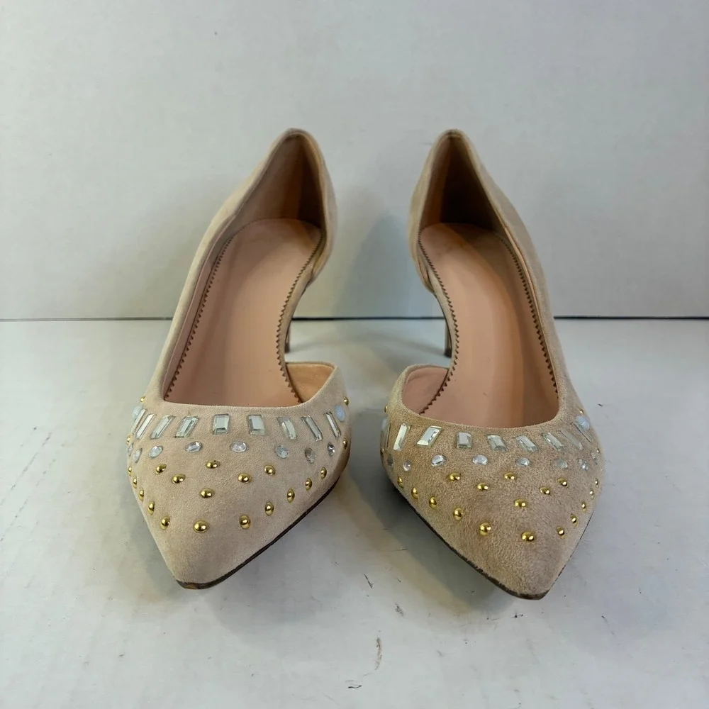 J.Crew K7887 Beige Nude Suede 7.5 Crystal Stud Leather Heels D'Orsay Pumps Italy